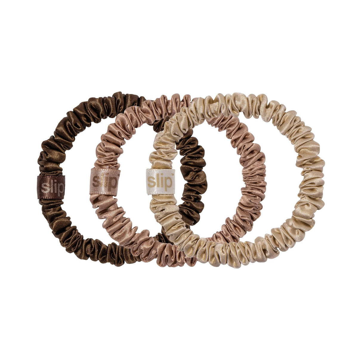 SLIP front view of three-color scrunchie set shows discreet shades and gentle hold