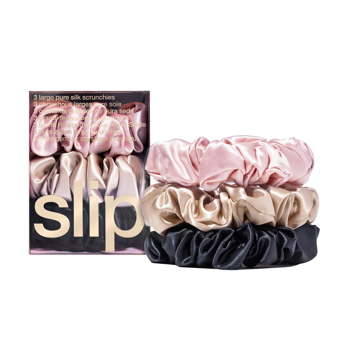 SLIP large scrunchie front packaging showcasing three-color set and gift-ready presentation