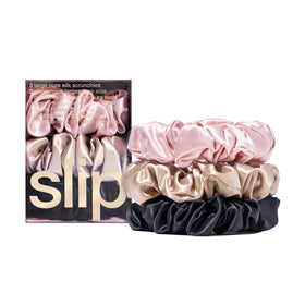 SLIP large scrunchie front packaging showcasing three-color set and gift-ready presentation