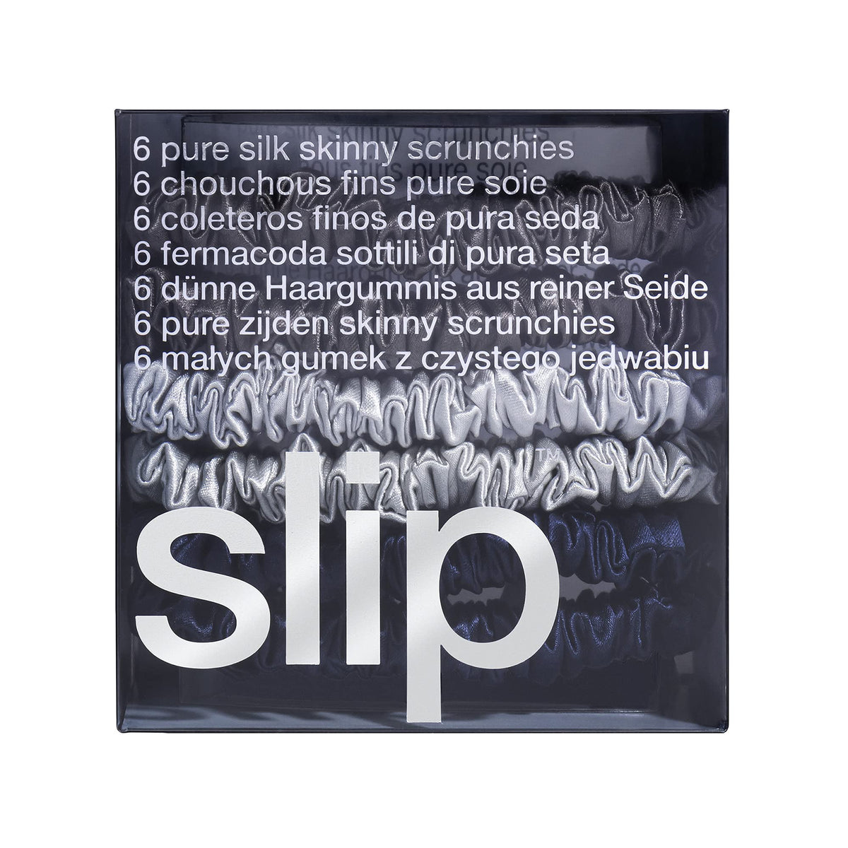 SLIP all six scrunchies laid flat, coordinated midnight set