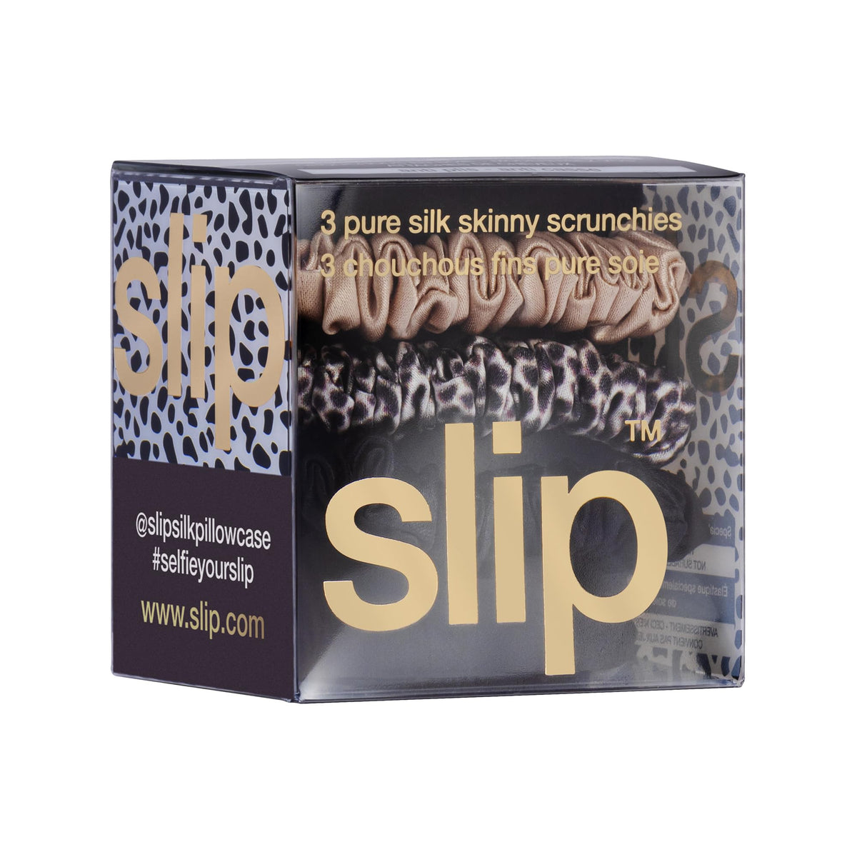 SLIP black skinny scrunchie wrapped on hair demonstrating gentle hold without creases
