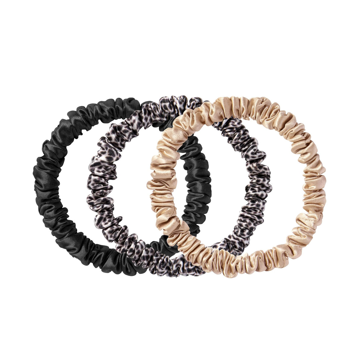 SLIP front packaging of three silk skinny scrunchies showing colors and benefits
