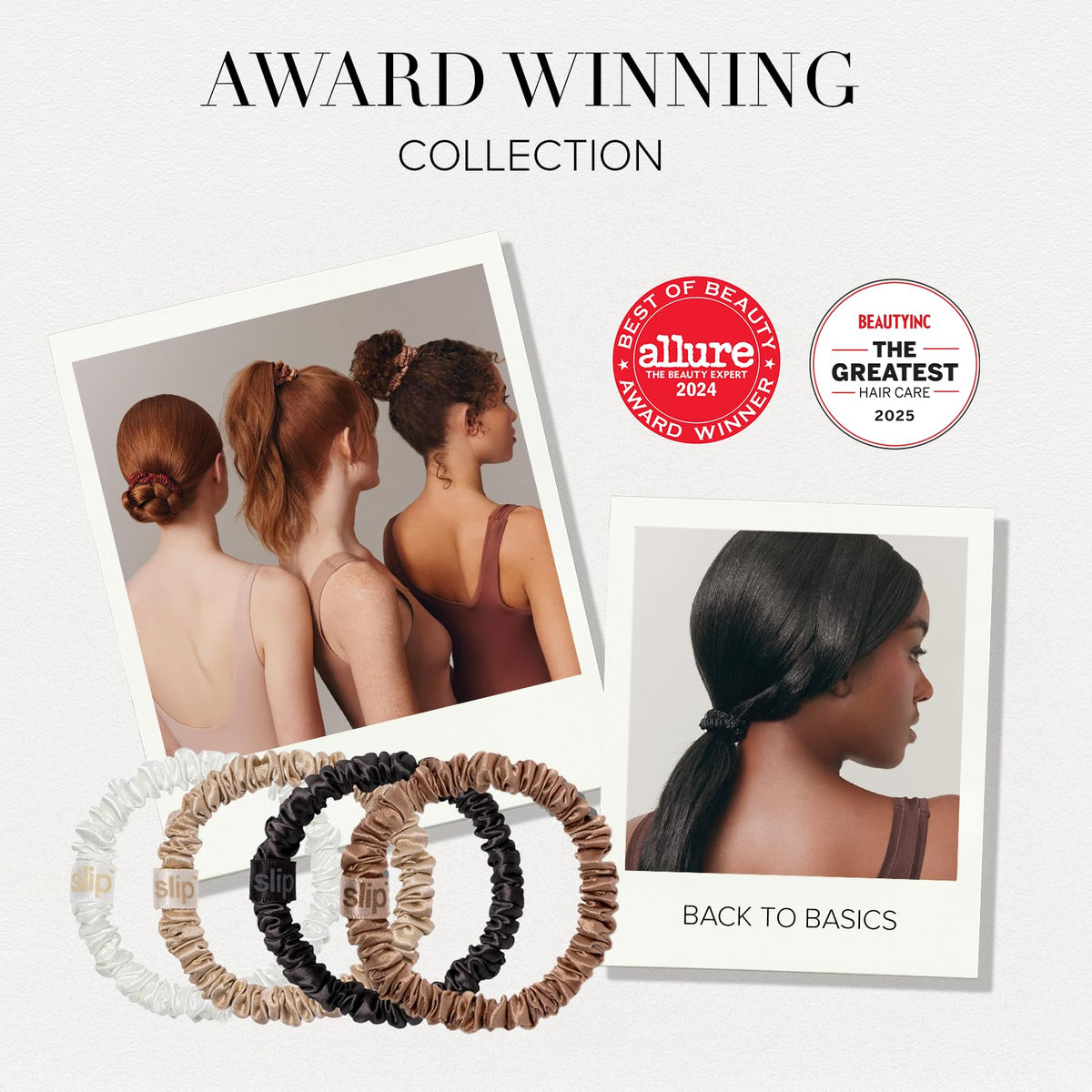SLIP scrunchie securing a low ponytail for crease-free, polished styling