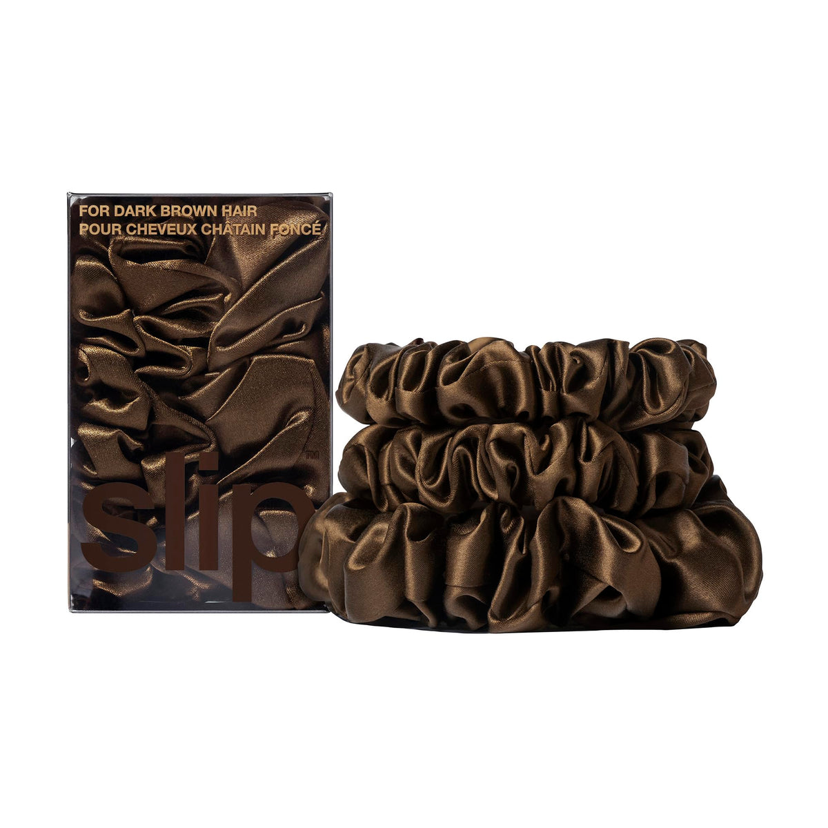SLIP dark brown scrunchie set front packaging showing elegant silk finish and protection