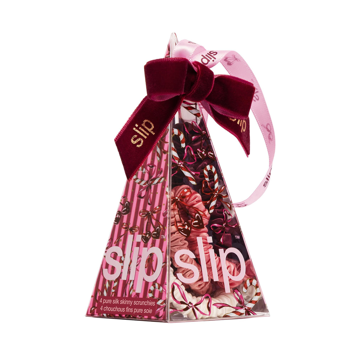 SLIP holiday candy cane ornament with scrunchies displayed in festive setting