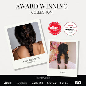 SLIP three silk skinny scrunchies stacked to display variety and luxurious thickness