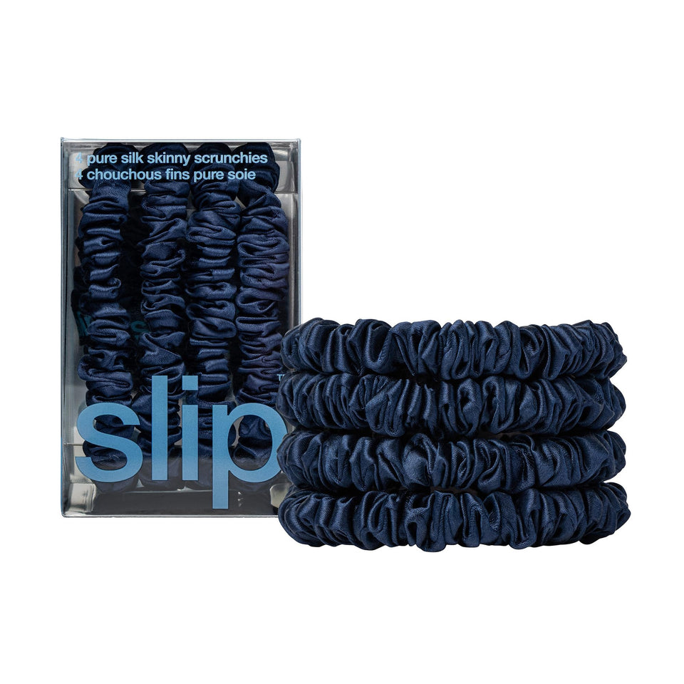 Slip navy scrunchie front packaging showing elegant silk finish and protective hold