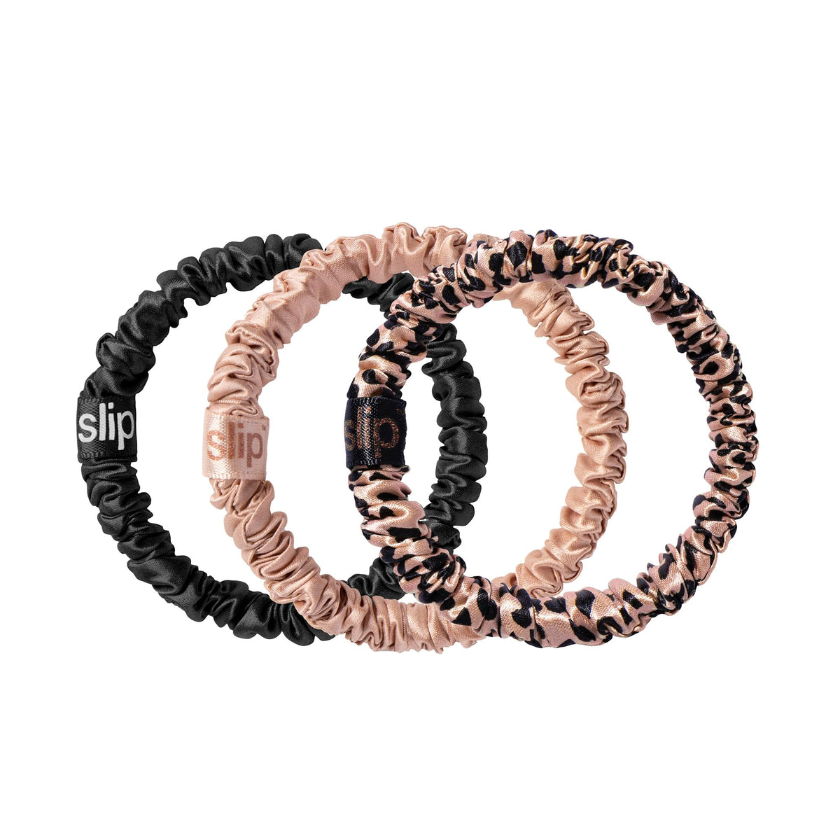 SLIP scrunchie front packaging showing set of three, convenience and style