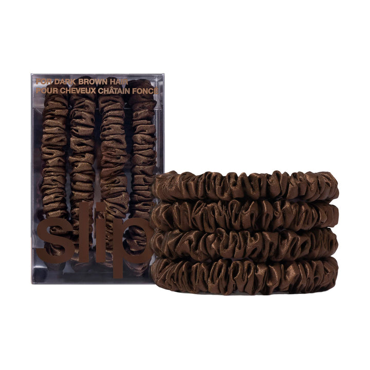 SLIP front packaging showing four dark brown silk skinny scrunchies and elegant box