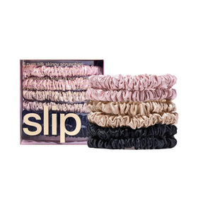 SLIP front packaging showing six silk skinny scrunchies, neat gift-ready presentation