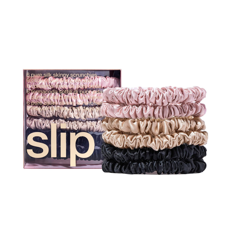 SLIP front packaging showing six silk skinny scrunchies, neat gift-ready presentation