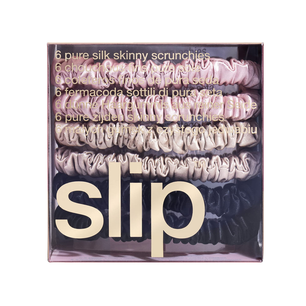 SLIP gift-style packaging open, ready-to-give silk accessory set