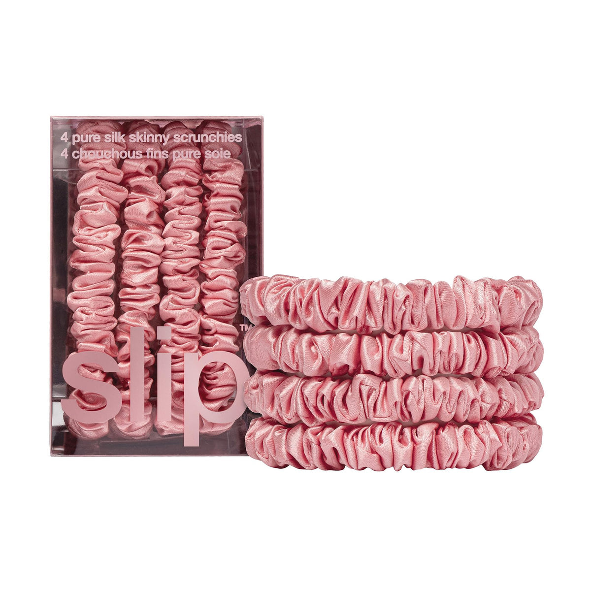 Slip skinny silk scrunchie front packaging shows elegant rose color and protection
