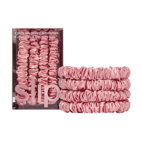 Slip skinny silk scrunchie front packaging shows elegant rose color and protection