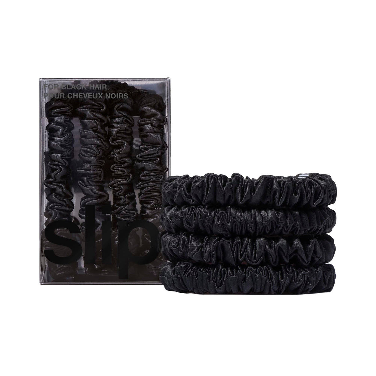 SLIP front packaging showing four black silk hair ties, elegant protection