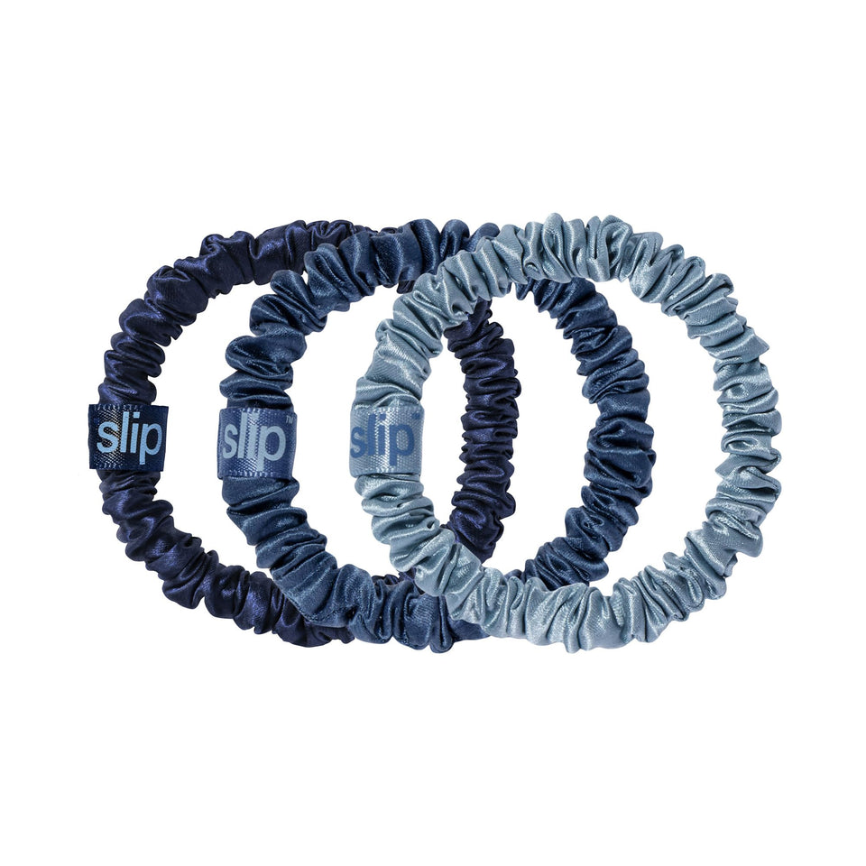 SLIP trio flat lay of sapphire oxford navy scrunchies showing coordinated colors and gentle hold