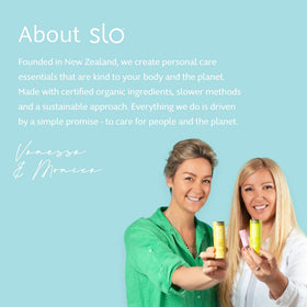 Slo packaging detail label showing vegan, organic claims and sustainability benefit