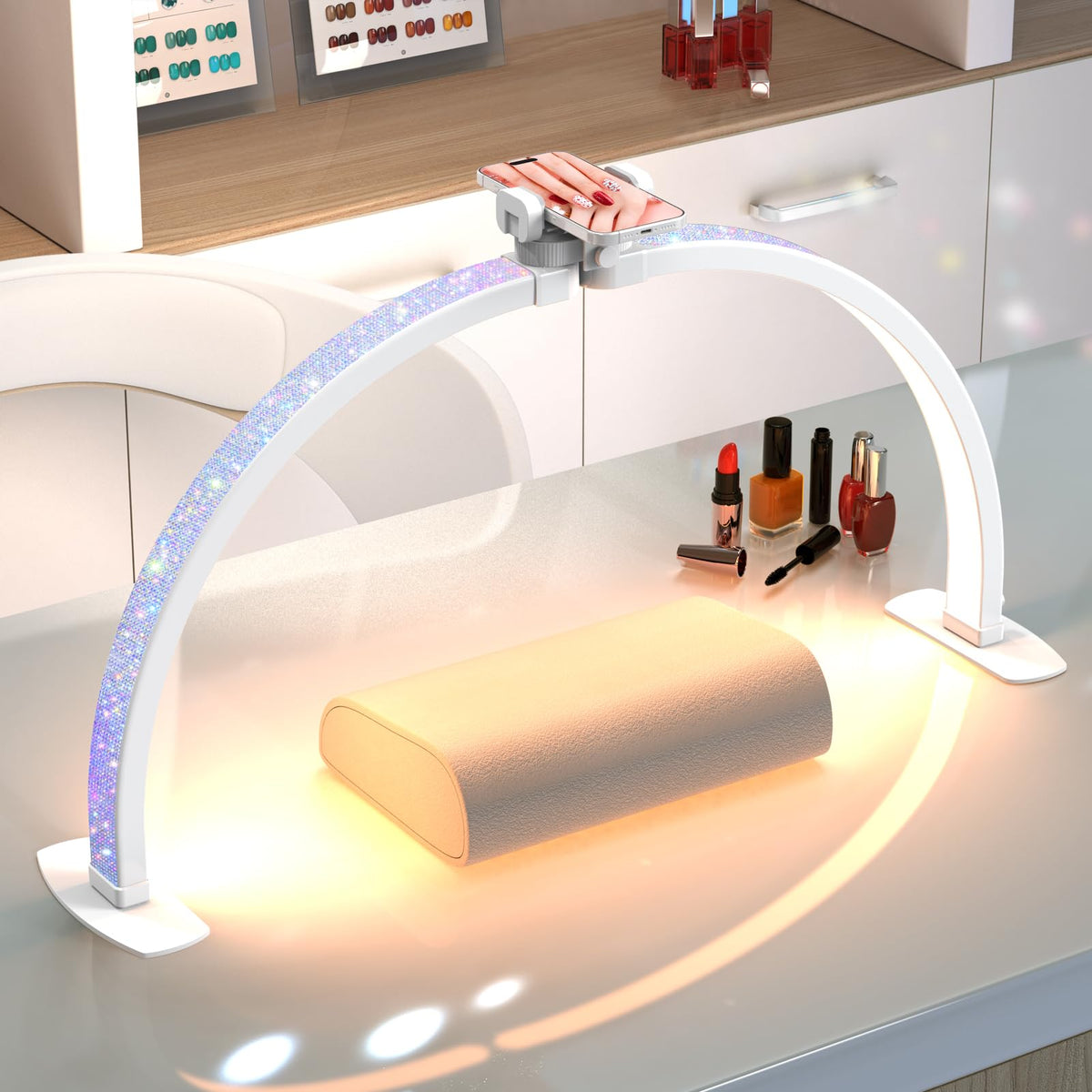 SLYFTE front view of rhinestone-arched lamp showing wide, shadow-free illumination benefit