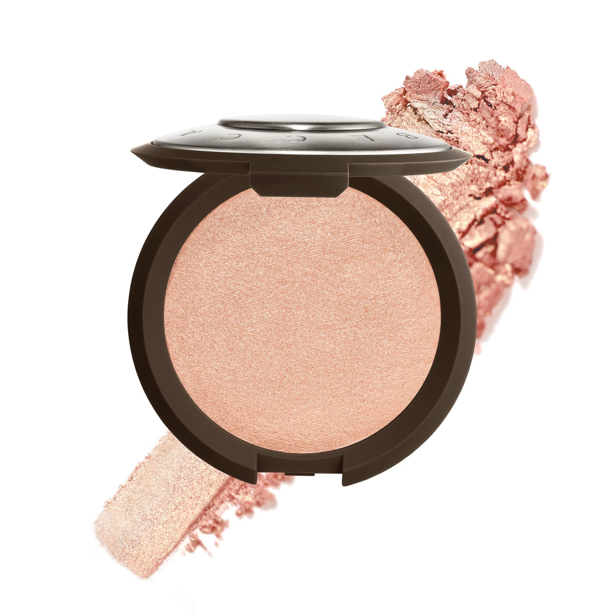 Smashbox X BECCA compact front view showing Rose Quartz shade and packaging benefit