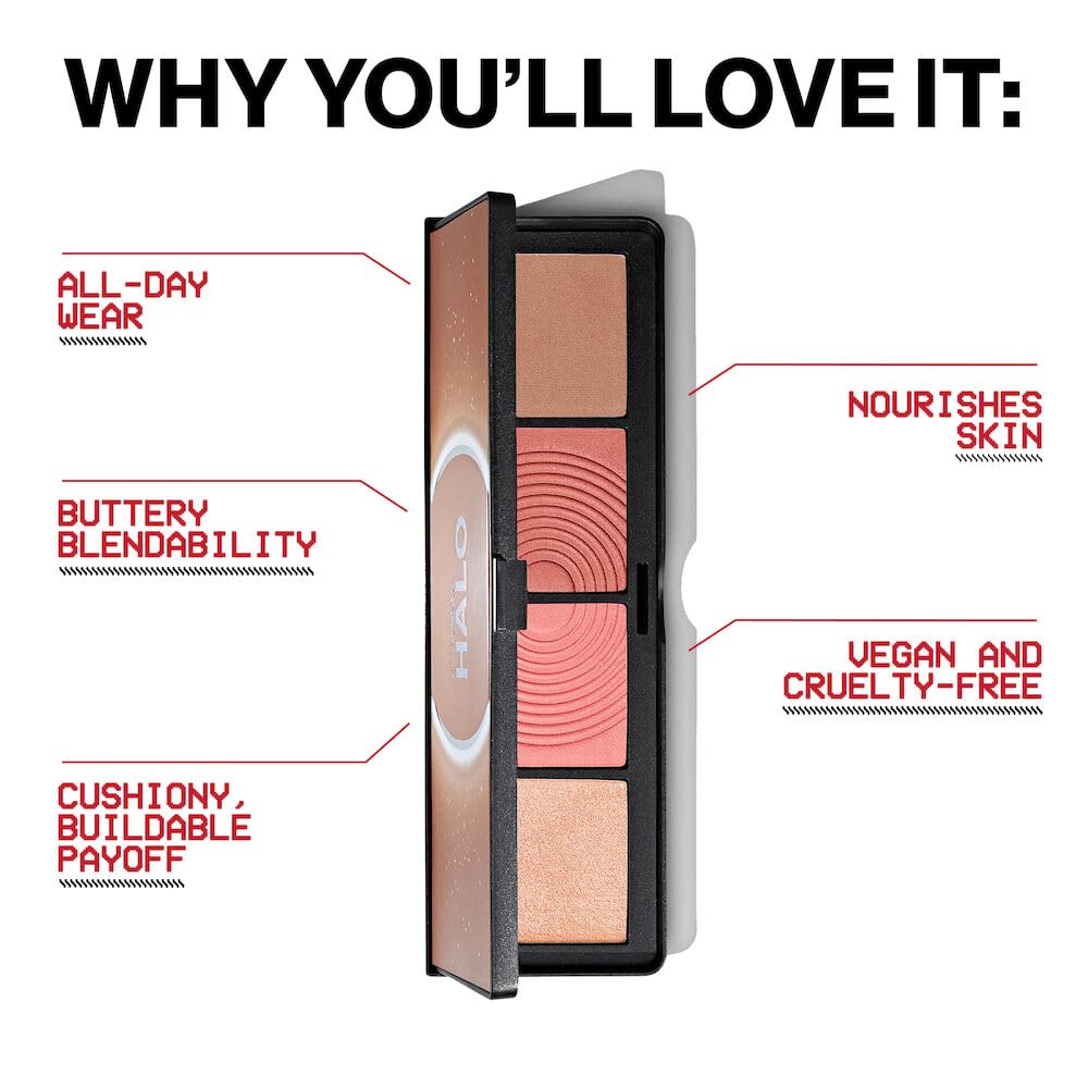 Smashbox palette applied on model cheek, delivers sculpted definition and glow
