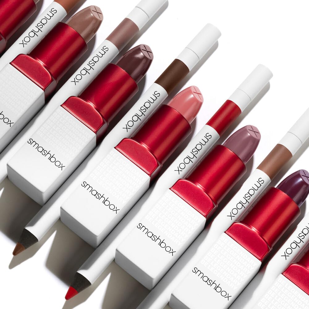 Smashbox lipstick applied on model demonstrating satin finish and even color