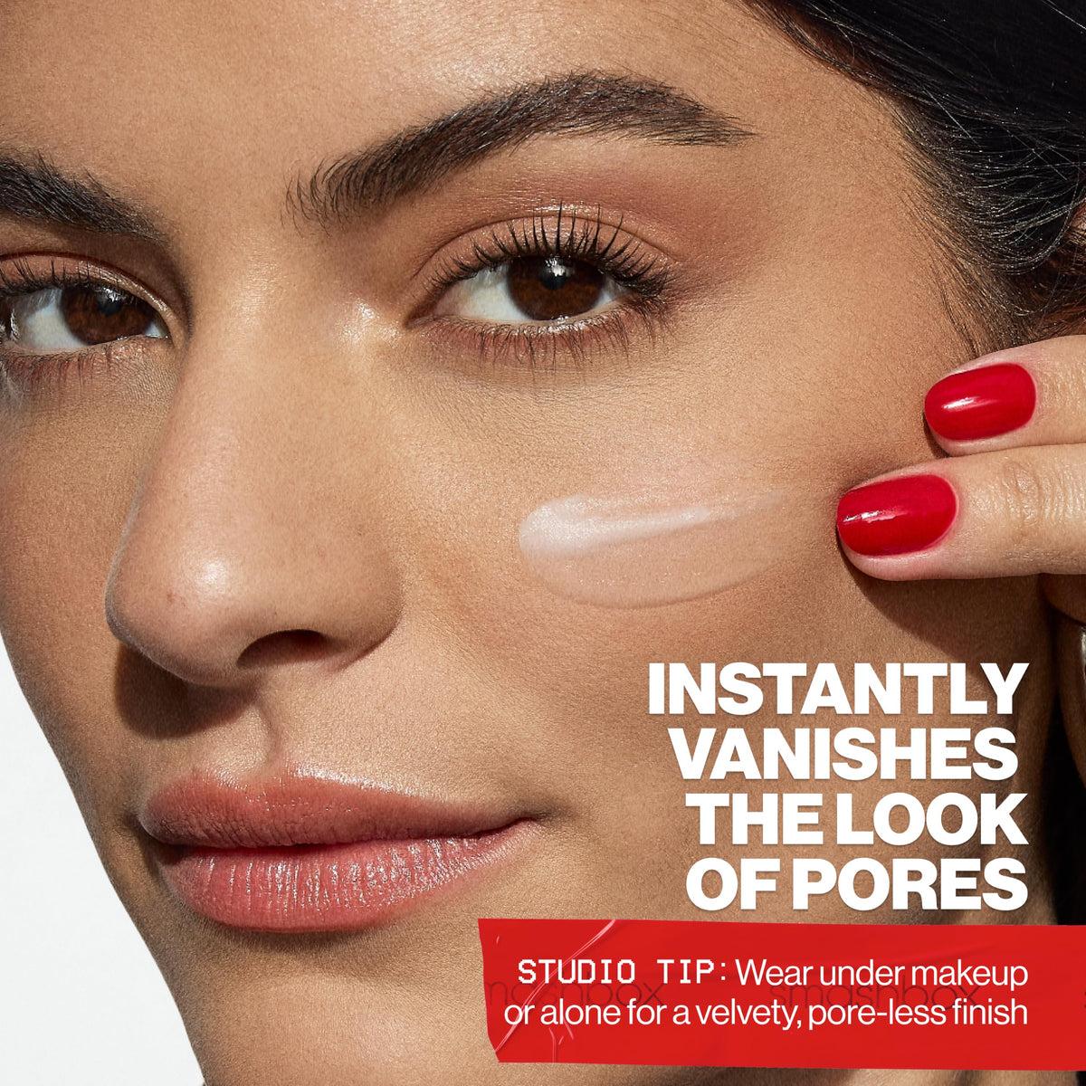 Smashbox primer before and after showing reduced pores and refined texture benefit