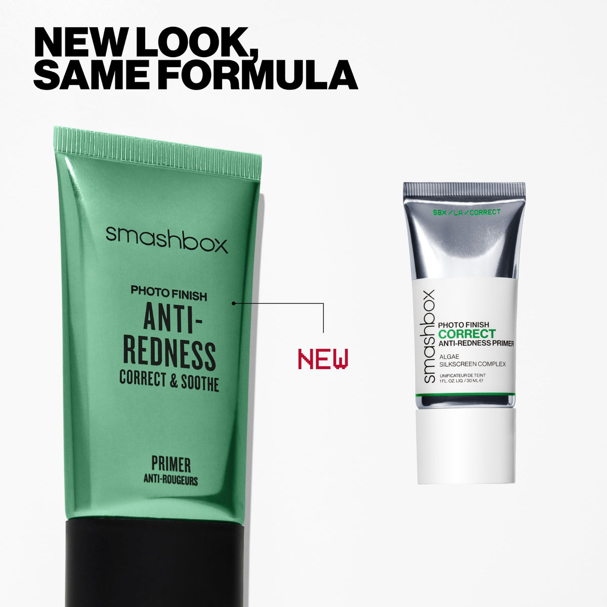 Smashbox before and after redness-neutralizing comparison showing evened skin tone