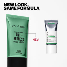 Smashbox before and after redness-neutralizing comparison showing evened skin tone