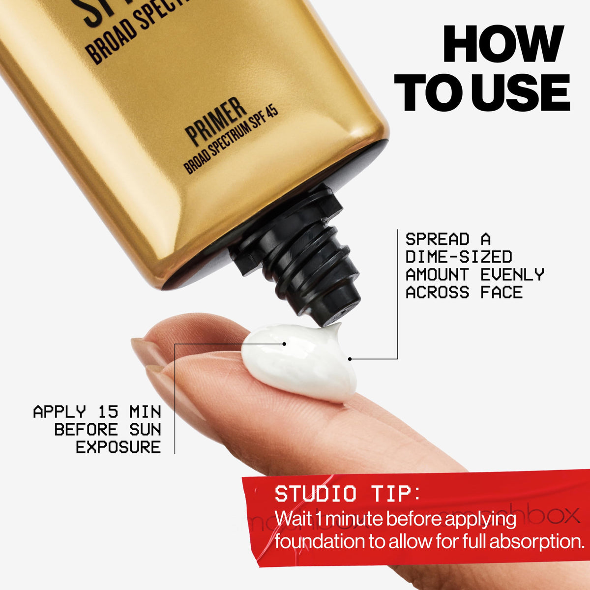 Smashbox primer on hand being spread for smooth base and hydration
