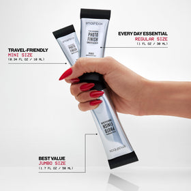 Smashbox model with photo-ready skin demonstrating blurred texture