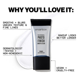 Smashbox primer beside ruler showing 1.7 oz compact size benefit