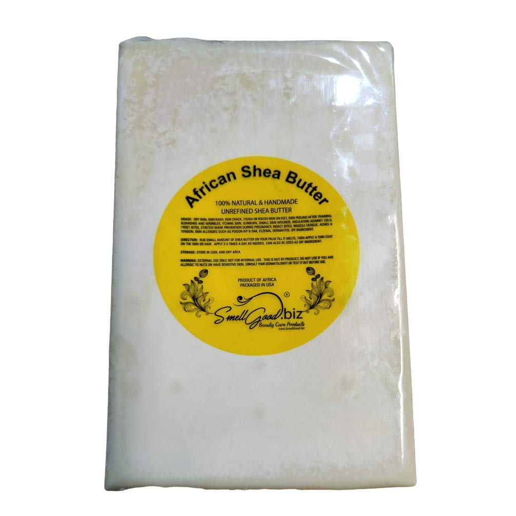 SmellGood front block showing 10 lb raw shea butter and natural color benefit