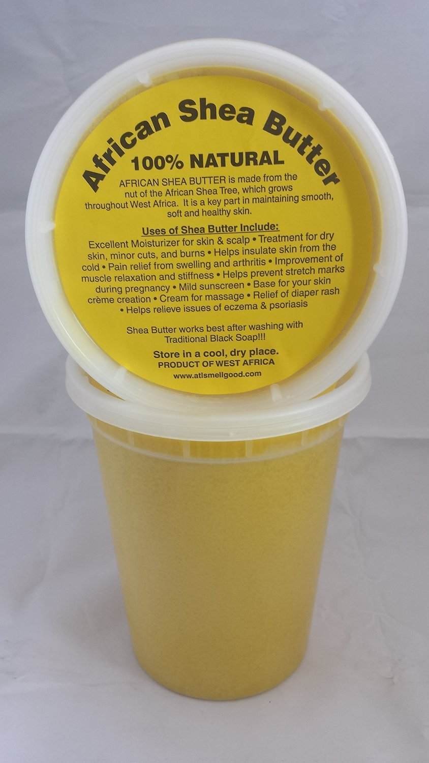 SmellGood shea butter front tub showing packaging and clear yellow butter benefits