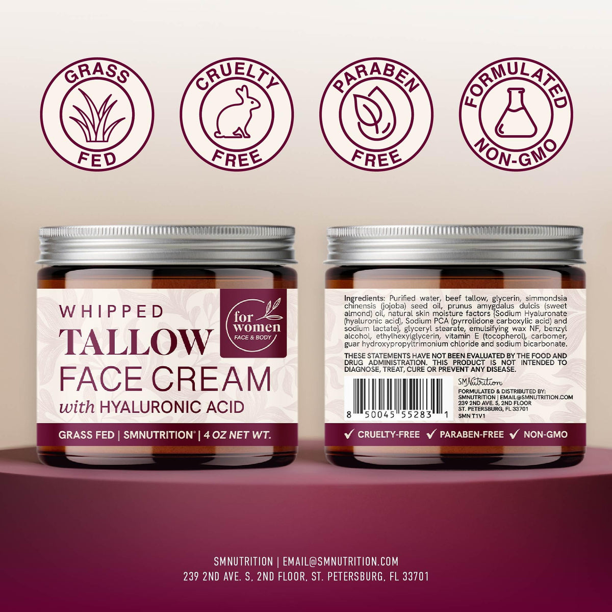 SMNutrition 4 oz jar beside common object showing true size for travel-friendly benefit