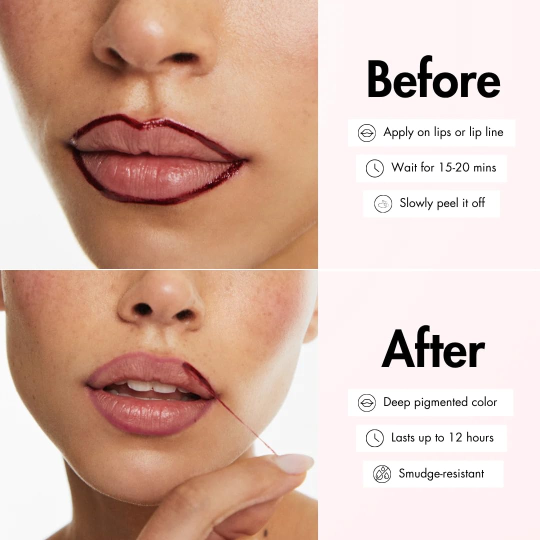 Smooche peel-off process being removed to reveal lasting tint benefit