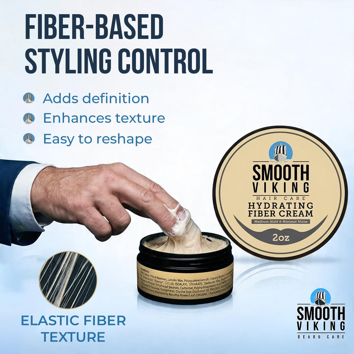 Smooth Viking applying cream to damp hair demonstrating lift and flexible styling