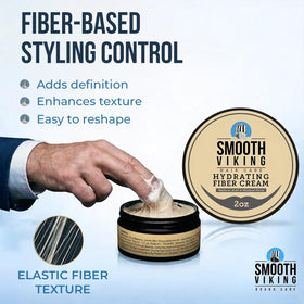 Smooth Viking applying cream to damp hair demonstrating lift and flexible styling
