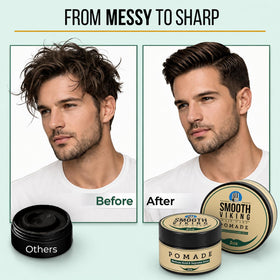 Smooth Viking in bathroom routine with comb showing quick morning styling benefit