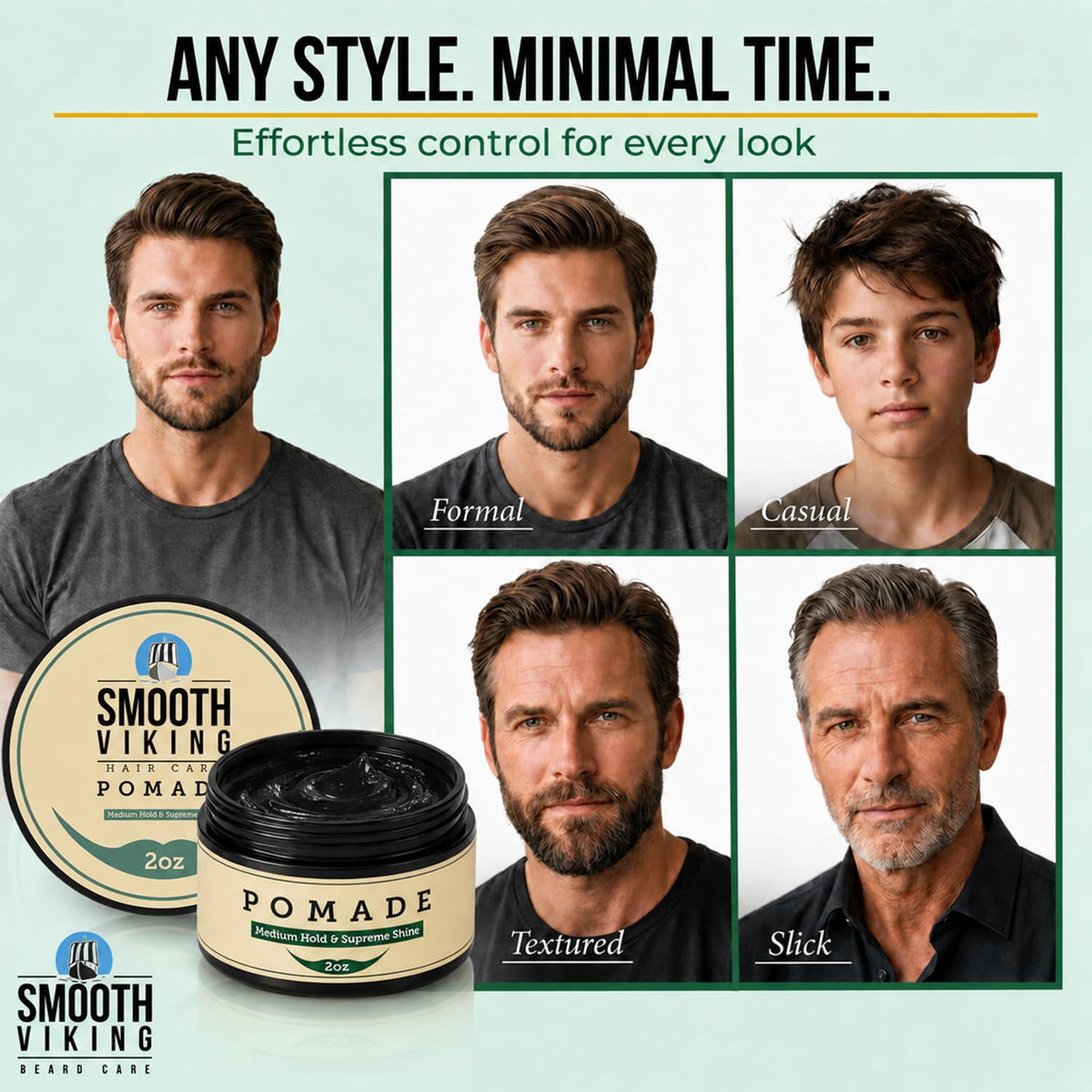 Smooth Viking slicked-back style demonstrating glossy finish and firm control benefit