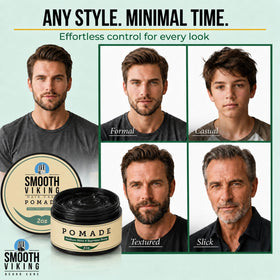 Smooth Viking slicked-back style demonstrating glossy finish and firm control benefit