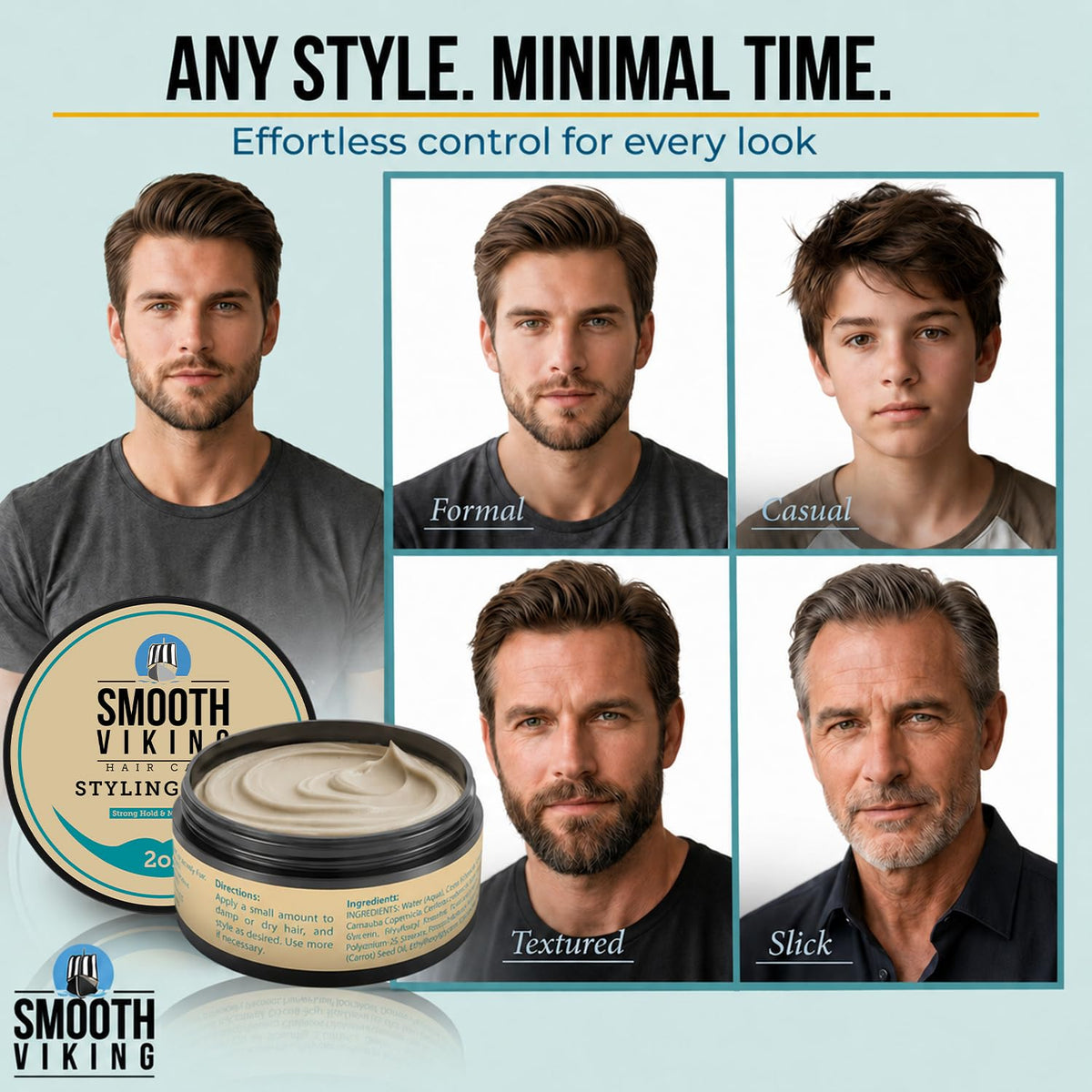 smooth viking before and after styling comparison showing added texture and thicker-looking hair