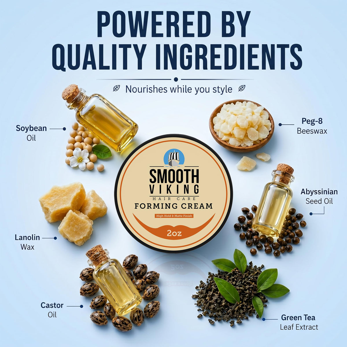 Smooth Viking beeswax and soybean oil ingredients highlighting nourishment