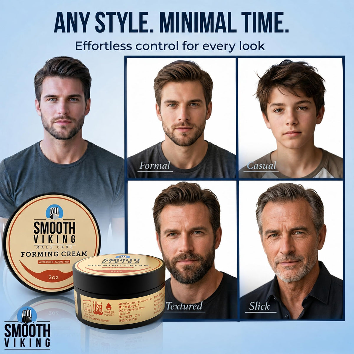 Smooth Viking styled short haircut showing high hold and natural finish