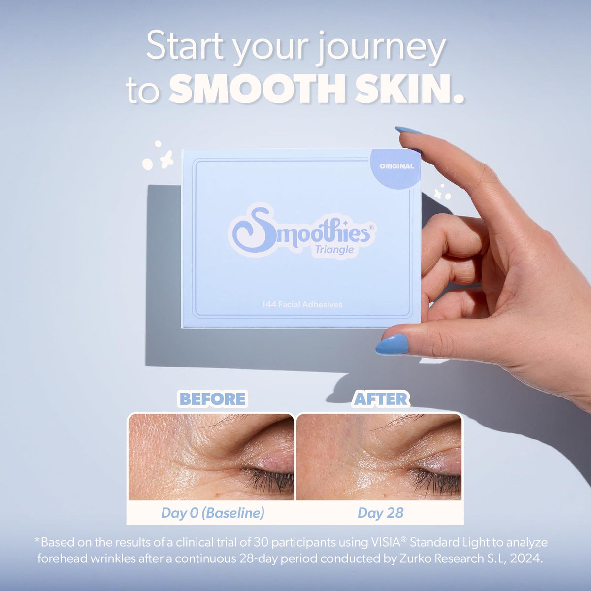 Smoothies patch applied to forehead while sleeping illustrating overnight hold and reduced creasing
