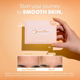 Smoothies patch applied on forehead demonstrating overnight smoothing benefit