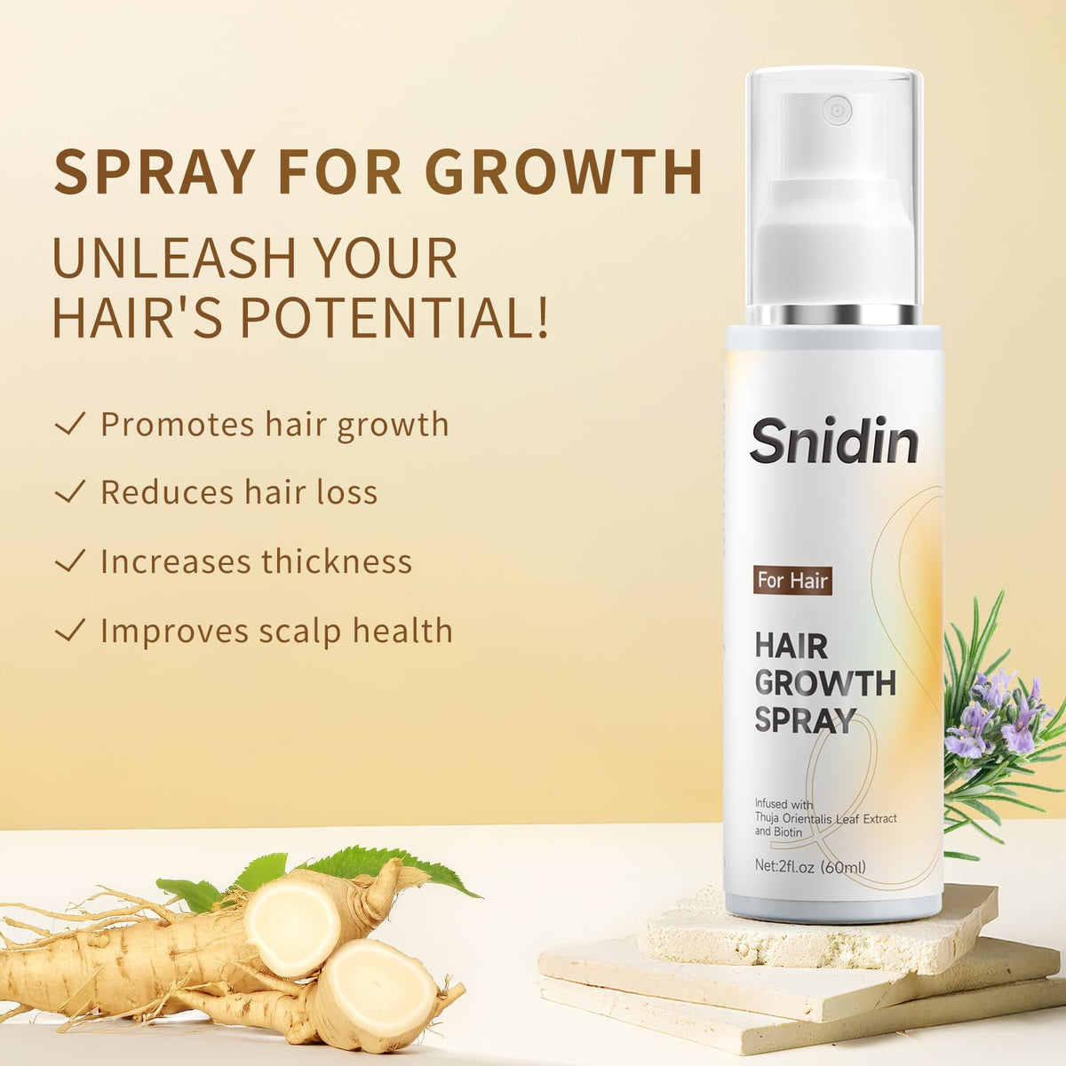 Snidin spray pump closeup demonstrating fine mist for even scalp coverage