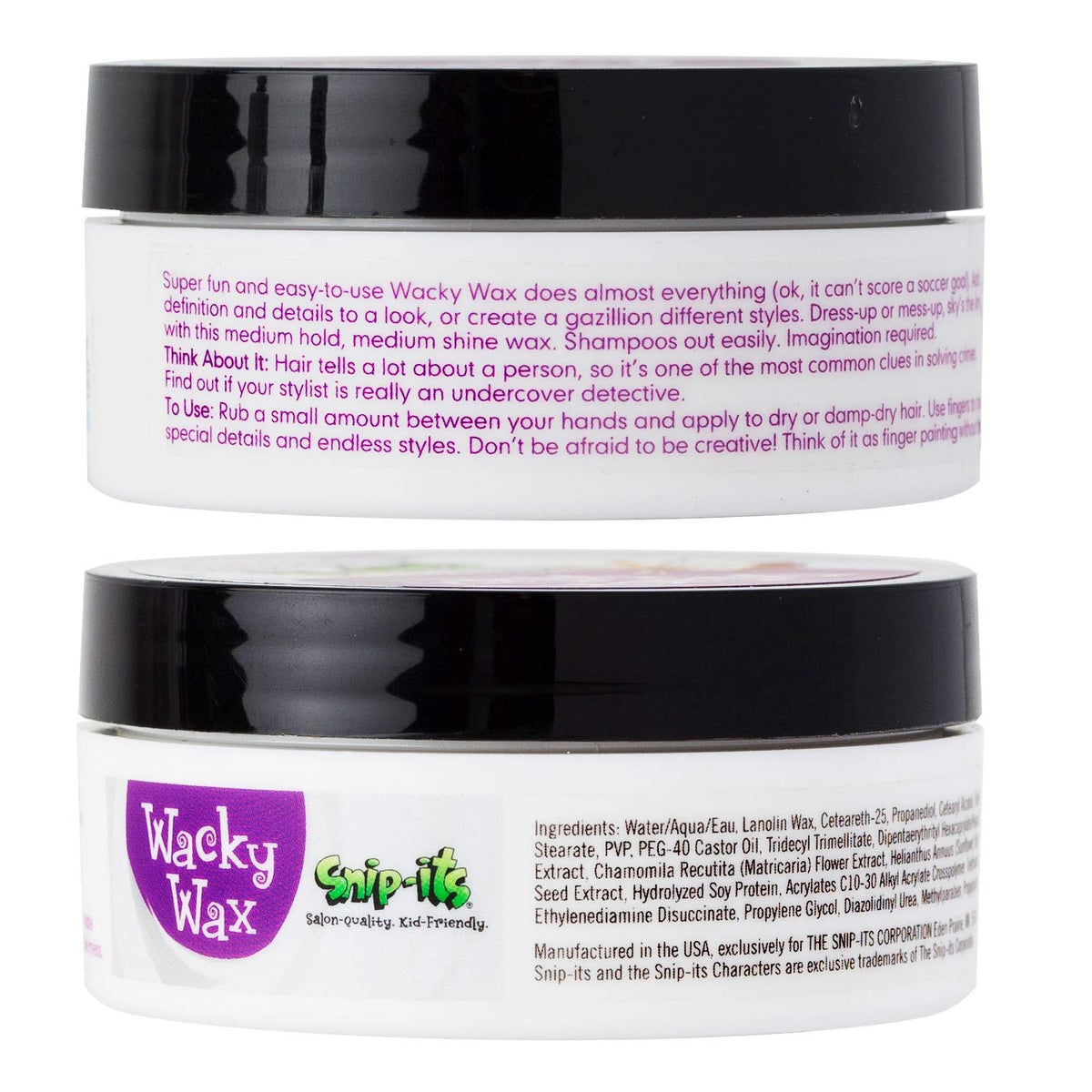 Snip-its jar open to reveal smooth wax texture for easy styling
