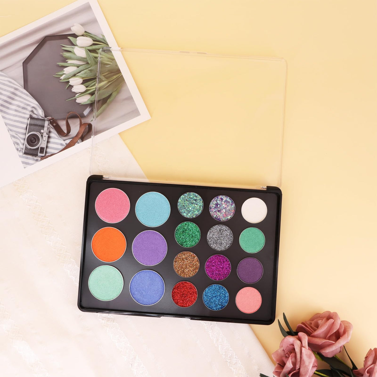 Snowso palette in travel bag demonstrating portability and organized makeup storage
