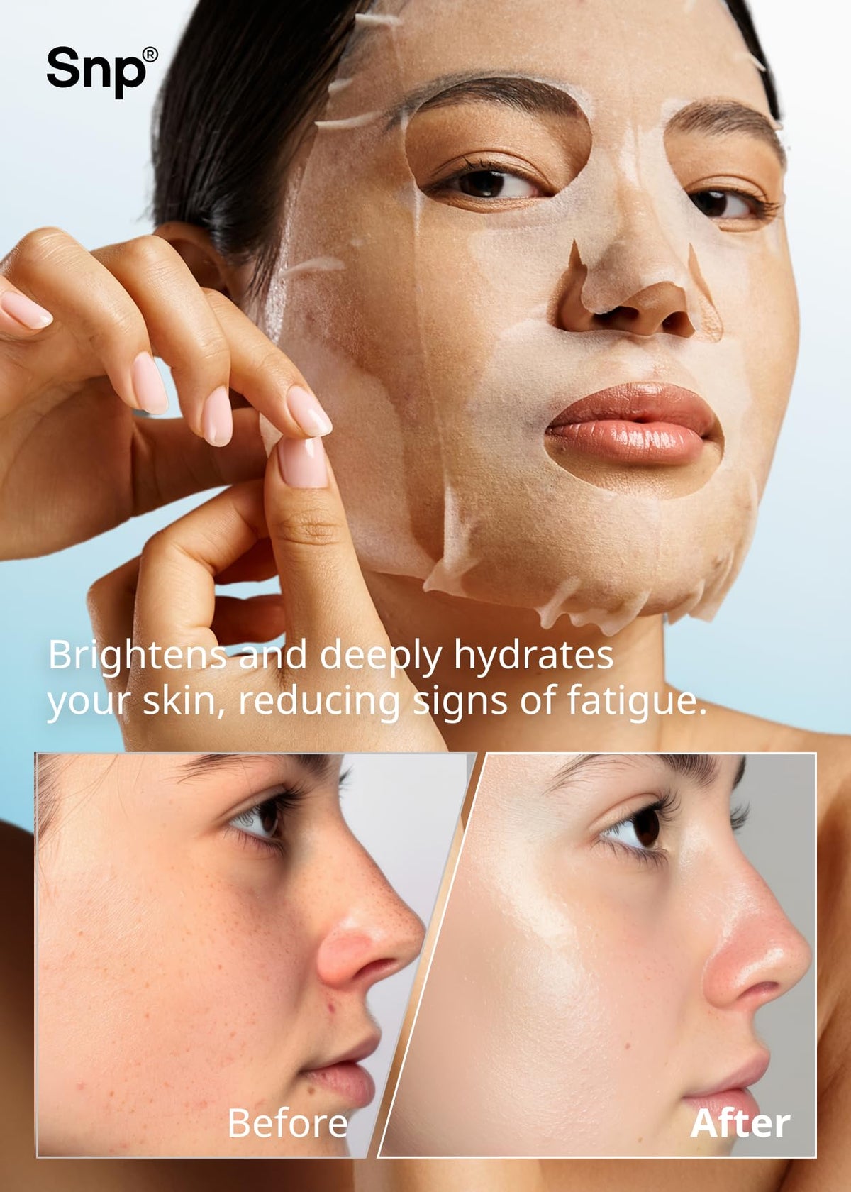 SNP ampoule texture droplet on fingertip, showing lightweight hyaluronic hydration