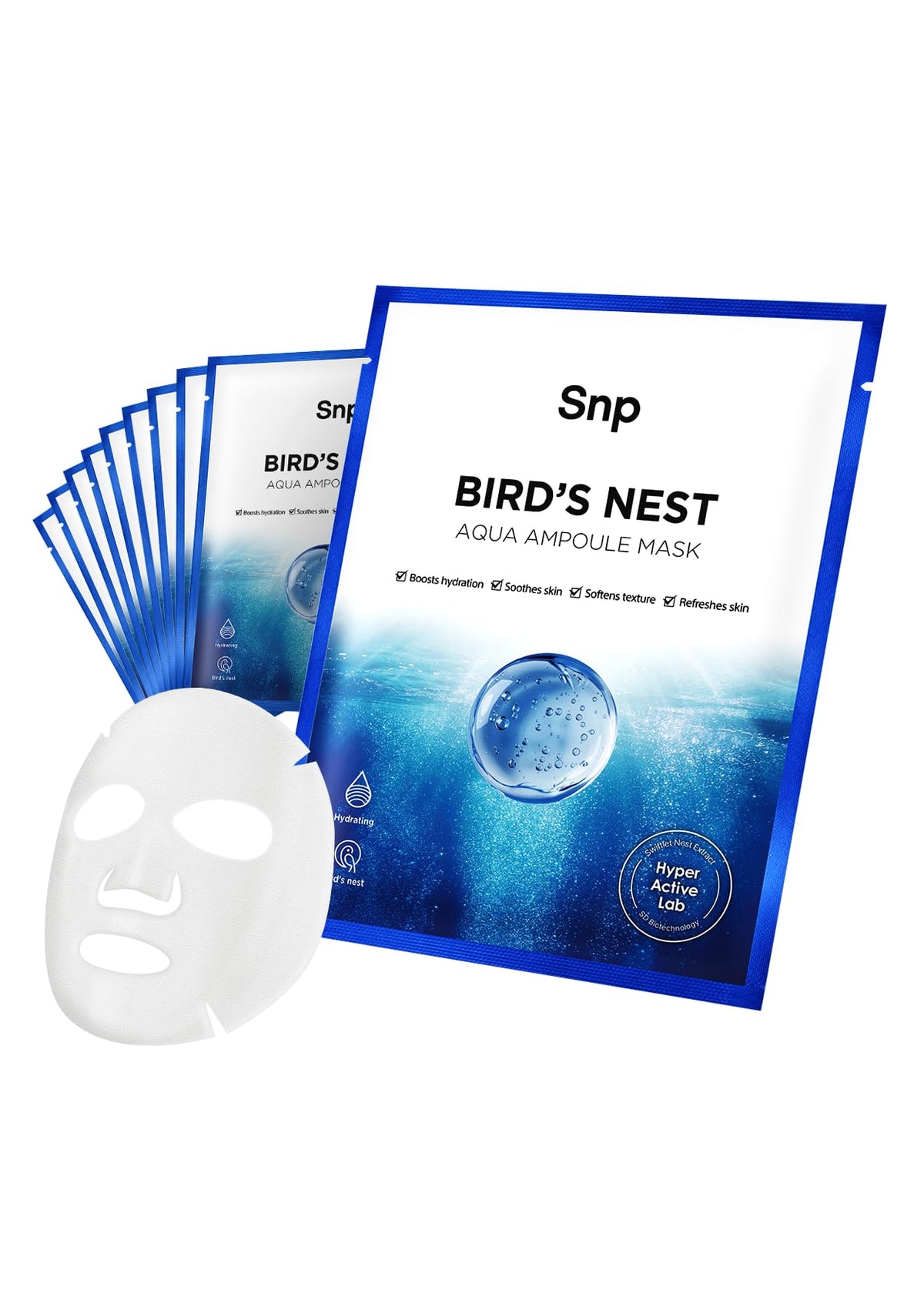 SNP front packaging showing 10 ampoule sheet masks and brand for convenience